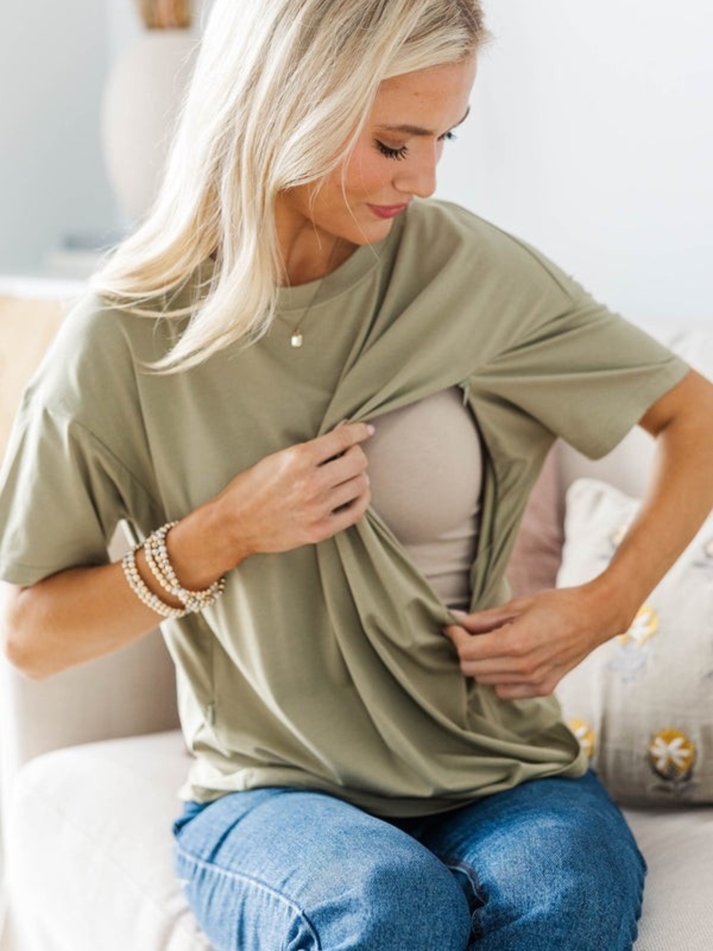 Shop The Mint Olive Green Short Sleeve Nursing Zip Tee - Quiet Comfort